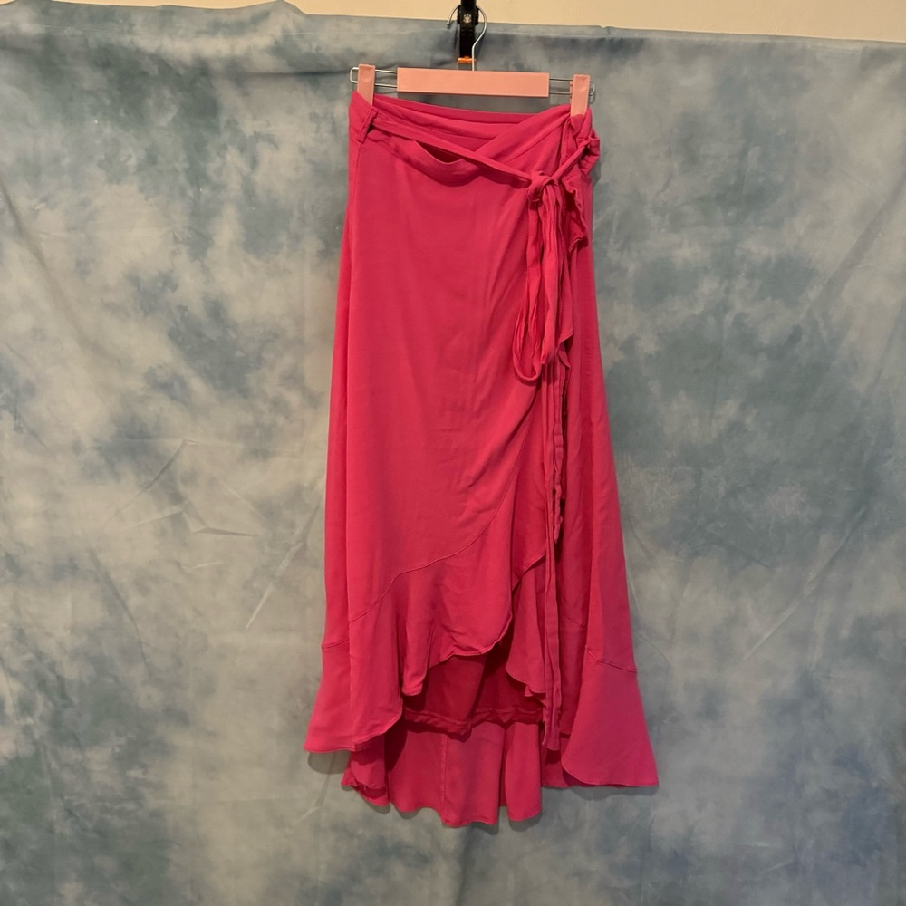 Pink maxi wrap skirt • ruffled front